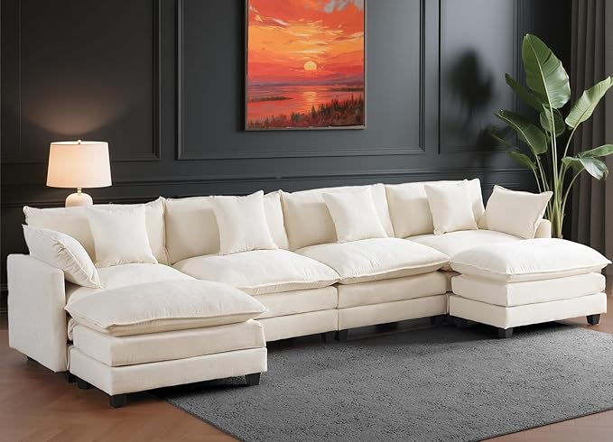 146" Cloud Chenille Sectional Couch 4+2 with Ottomans｜Large Modular Sofa for Spacious Living Rooms｜FSC Solid Wood Frame｜29.1" Deep Seat｜Easy Assembly & 1YR Guarantee
