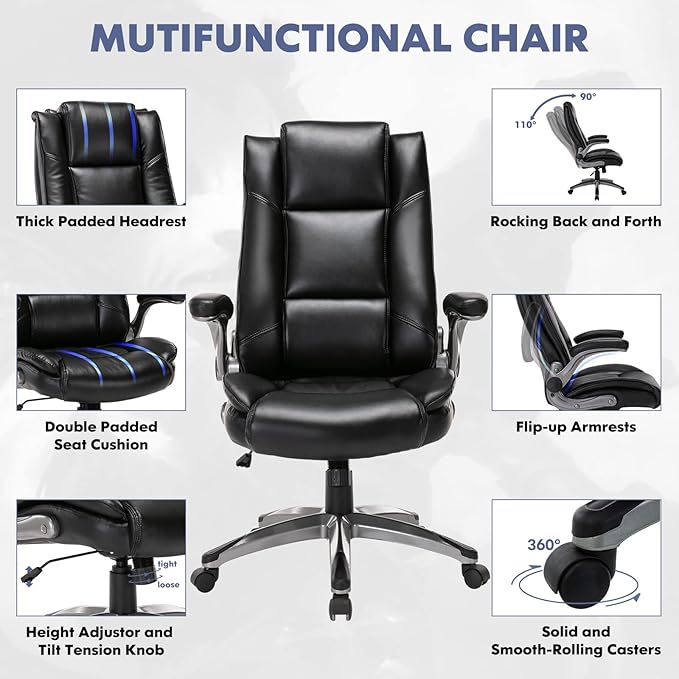 COLAMY Leather Executive Office Chair - High Back Home Computer Desk Chair with Padded Flip-up Arms, Adjustable Tilt Lock, Swivel Rolling Ergonomic Chair for Adult Working Study, Black