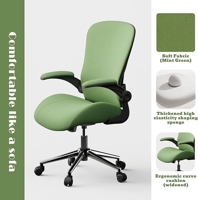 Green Ergonomic Office Desk Chair, Soft Fabric Thickened Curved seat Cushion with Adjustable Lumbar Support, Perfect Blend of Comfort and Good Looks, Ideal Chair for Home or Office, Green