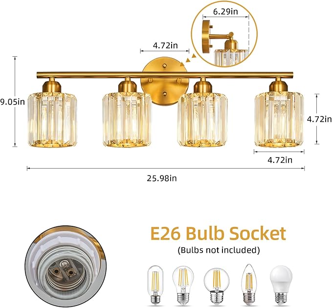 Modern 4 Light Crystal Vanity Light, Brushed Gold Vertical Bathroom Light Fixture Over Mirror for Dressing Table Sink, Compatible with Dimmable Bulbs (Bulbs Not Included)