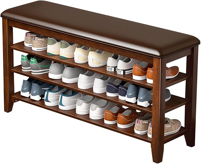 Shoe Rack Bench Entryway Storage with Leather Cushion, Shoe Organizer Bench for Entryway, Ideal for Front Doors Entrances Hallway Mudroom Featuring Rubberwood And 3 Height-Adjustable Removable Shelve
