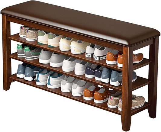 Shoe Rack Bench Entryway Storage with Leather Cushion, Shoe Organizer Bench for Entryway, Ideal for Front Doors Entrances Hallway Mudroom Featuring Rubberwood And 3 Height-Adjustable Removable Shelve