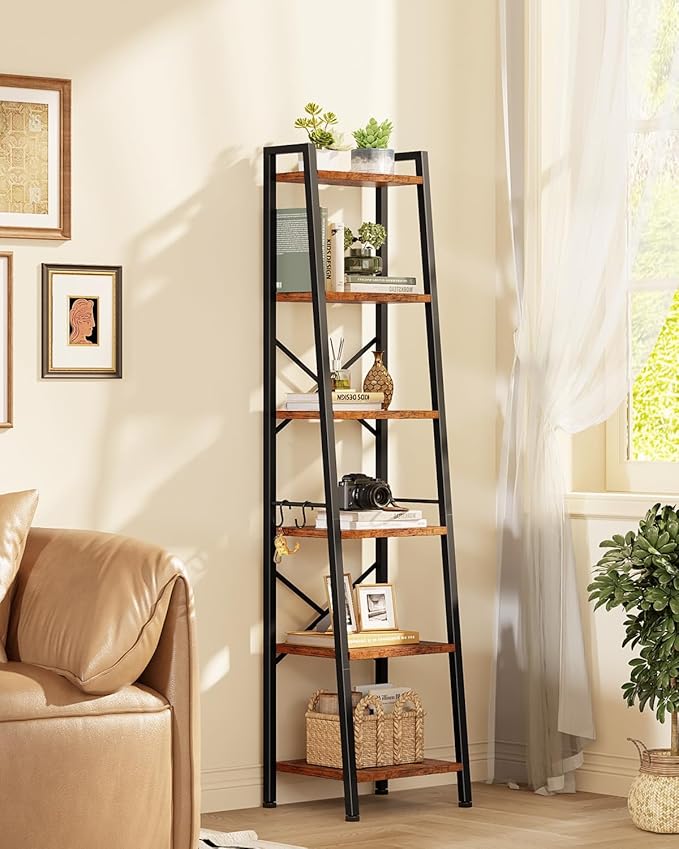 Furologee 6 Tier Ladder Shelf Bookcase, Tall Ladder Bookshelf Narrow with 2 Hooks, Industrial Metal Wooden Shelf Free Standing, Skinny Bathroom Shelves for Bedroom Living Room Kitchen, Rustic Brown