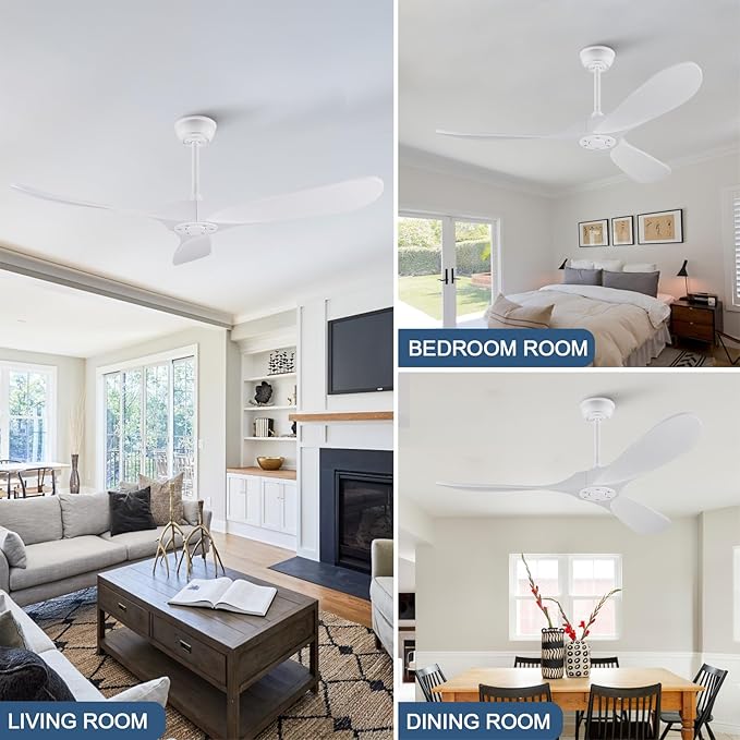 52 inch Ceiling Fan no Light, Quiet Reversible DC Motor Wood Ceiling Fan Without Light, White Modern Ceiling Fan with Remote Control for Outdoor Indoor Farmhouse Patios