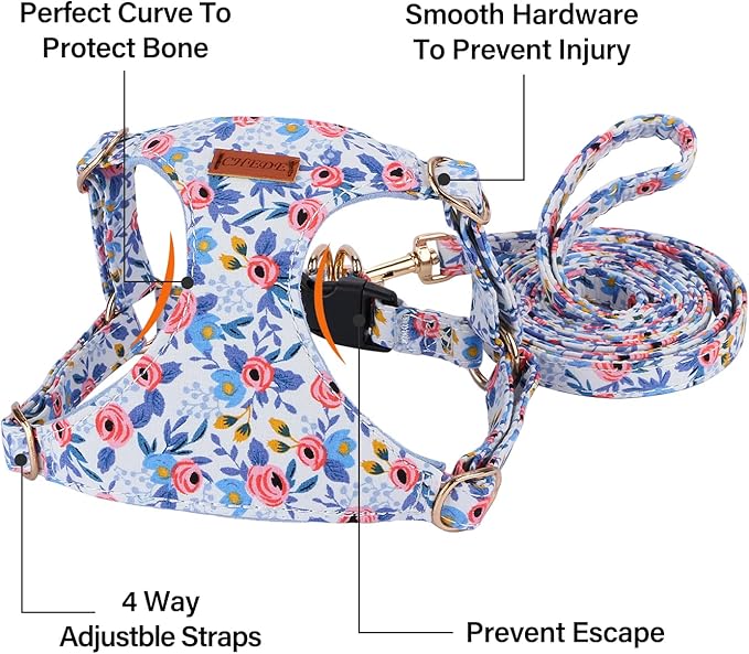 CHEDE No Pull Floral Pattern Dog Harness - Lightweight and Soft, Adjustable Small Dog Harness and Leash Set, with Dog Leash, Suitable for Puppy Small and Medium-Sized Dog (M, Blue Rose)