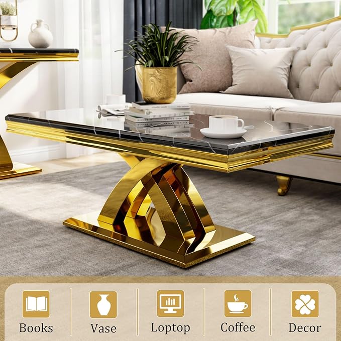 AUZ 3 Pieces Black Gold Living Room Table Set, Coffee Table Set with X-Shape Design Polished Stainless Steel Frame