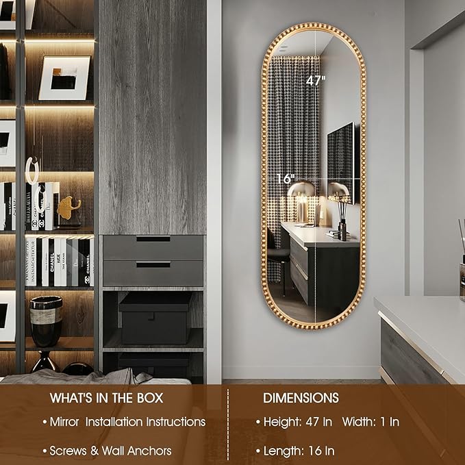Oval Full Length Mirror, 16"x47" Metal Beaded Frame Large Hanging Dressing Floor Mirror for Bedroom, Living Room, Entryway, Antique Gold (No Stand)