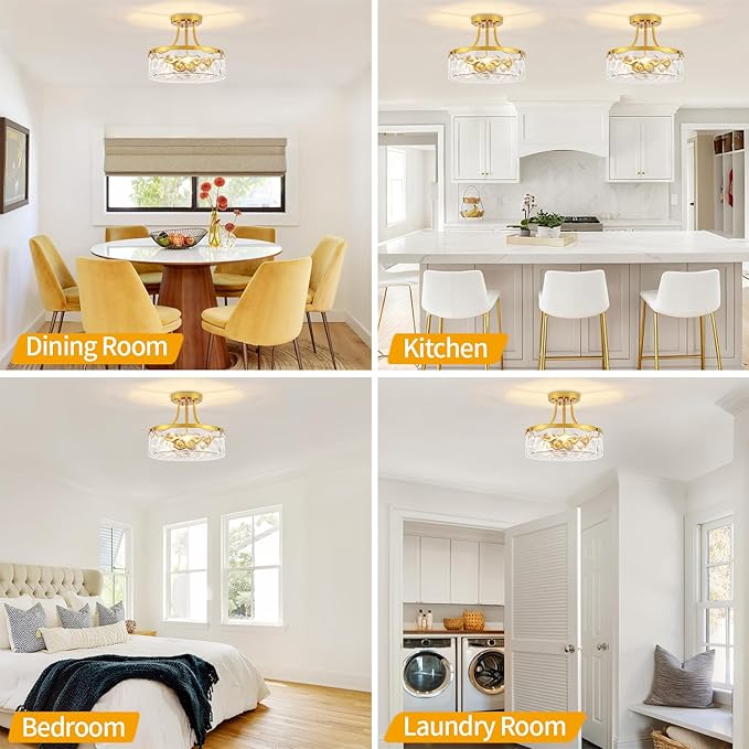 11.81" Modern Gold Semi Flush Mount Ceiling Light, Hammered Glass Hallway Light Fixtures, Entryway Light Fixture, 3-Light Lighting Fixtures for Kitchen Island Dining Room Bedroom Laundry, UL Listed