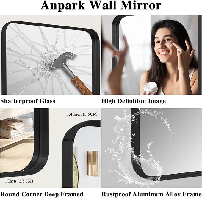 Wall Mirror 30" x 48" for Bathroom Black Metal Deep Frame Mirror for Wall Decorative Rectangular Round Corner Wall Mounted Vanity Mirror for Bedroom Living Room Entryway Wall Decor