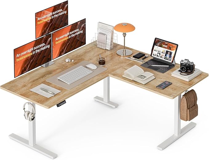 Grandder 63 x 55 Inch L Shaped Standing Desk, Electric Height Adjustable Corner Stand Up Desk, Sit Stand Corner Table Home Office Table, Oak Top White Frame