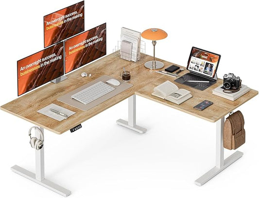 Grandder 63 x 55 Inch L Shaped Standing Desk, Electric Height Adjustable Corner Stand Up Desk, Sit Stand Corner Table Home Office Table, Oak Top White Frame