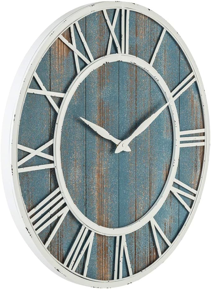 24" Coastal Wall Clock - Metal & Solid Wood Noiseless Weathered Beach Blue Wall Clock (Coastal Blue, 24-inch)