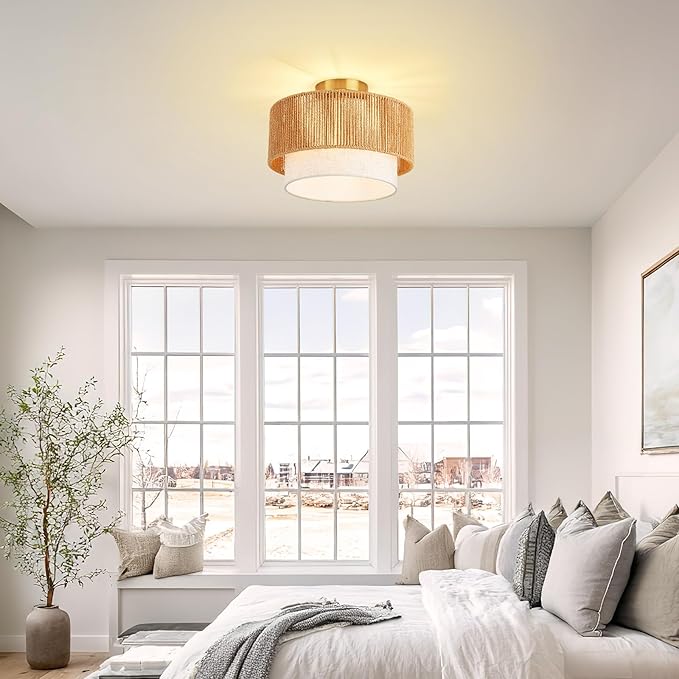 12.6" Drum Flush Mount Ceiling Light Hallway Light Fixtures with Rattan Shade,1-Light Semi Flush Light Fixture Ceiling Mount for Kitchen, Bedroom, Bathroom, Living Room