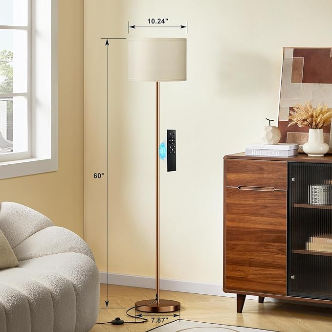 Ambimall Floor Lamps for Living Room with Remote Control and Stepless Dimmable Colors Temperature & Brightness, 9W Bulb Included(Beige Lampshade & Brown Pole)