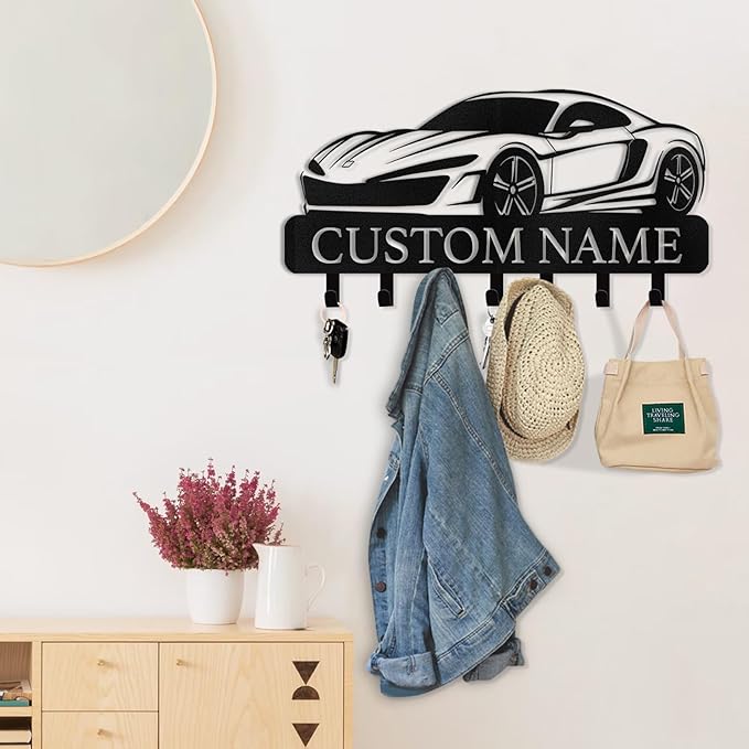 Personalized Key Holder Wall Mount - Custom Key Rack Wall Mount with Hooks, Metal Key Rack Organizer, Car Design Key Hanger, Coat Rack, Wall Mounted Decor for Entryway, Front Door, Office