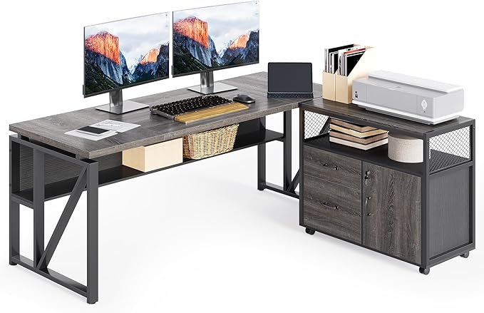 LITTLE TREE 63-Inch Office Desk with 31.5-Inch Lateral File Cabinet, Study Writing Desk Computer Desk for Home Office
