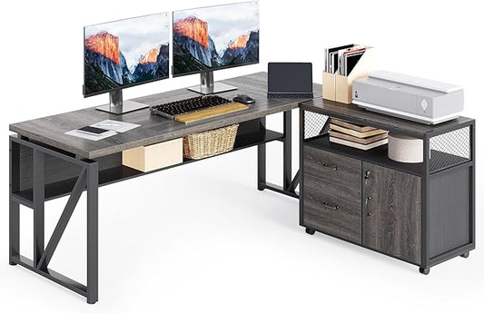 LITTLE TREE 63-Inch Office Desk with 31.5-Inch Lateral File Cabinet, Study Writing Desk Computer Desk for Home Office