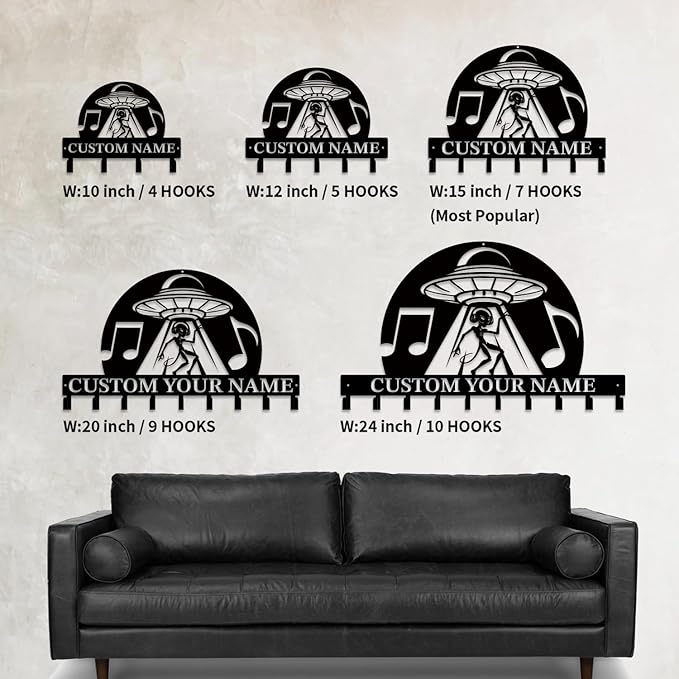 Personalized Custom Alien ET UFO Metal Wall Keys Hooks,Clothes Hooks Alien ET UFO Art Coat Racks,Door Holder,Black Alien ET Decorations for Home,Entrance Doors,Hallway, Bedroom,Keys,Hats (Style L)