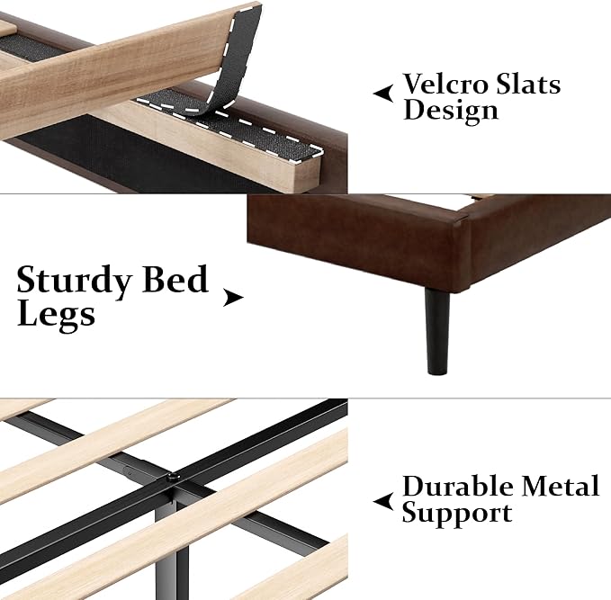 Queen Size Bed Frame with Upholstered Wingback Headboard, Easy Assemnly Platform Bed, Wooden Slat Support No Box Spring Needed, Dark Brown Leather