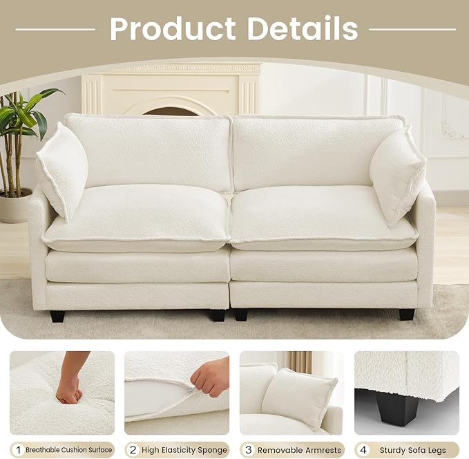 ROWHY Modular Loveseat Sectional Sofa, 78" Upholstered Loveseat, 2 Deep Seat Sofa Couch with 2 Throw Pillows for Small Space, Modern Comfy Cloud Couch for Living Room, Chenille, Beige