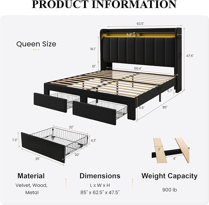 SHA CERLIN Velvet Queen Bed Frame with Vertical Channel Tufted Wingback Headboard & 2 Storage Drawers/2-Tier Shelves with LED Lights & Charging Station/Noise-Free/No Box Spring Needed/Black