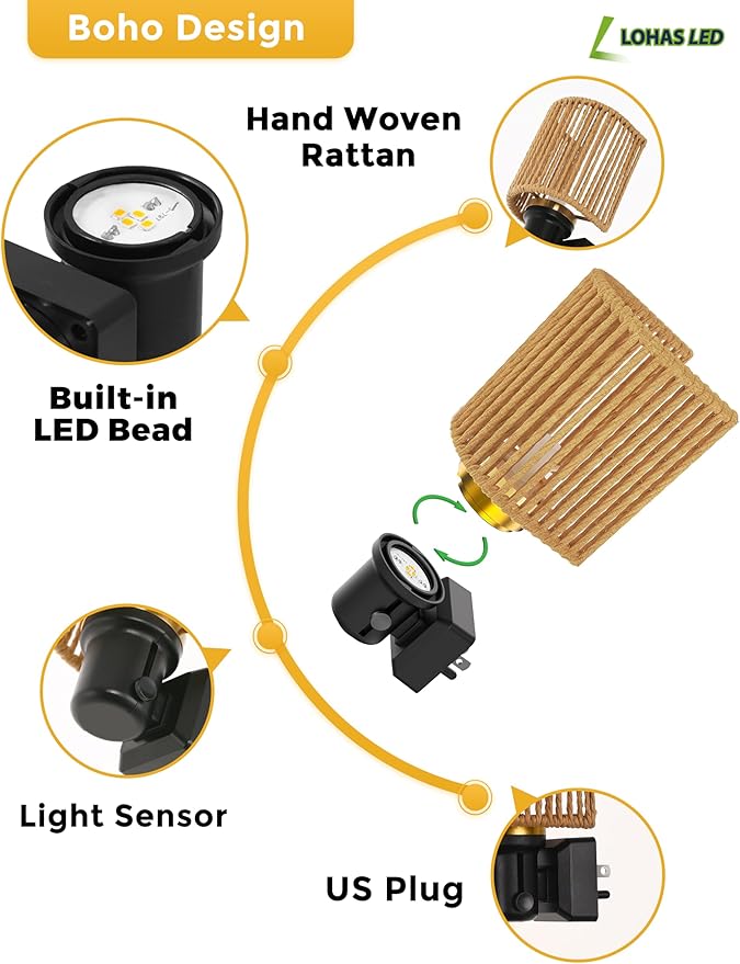 L LOHAS LED Night Lights Plug into Wall, Dimmable Night Light with Light Sensor, Amber Boho Nightlight Plug in Wall, Decorative Bohemian Nightlights Yellow Light for Bedroom Living Room Hallway, 2Pack