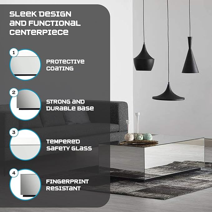 SONOROUS Premium Tempered Glass Coffee Table - Modern Mirror Rectangular Coffee Tables for Living Room - High Gloss Fingerprint Resistant Mid Century Design - Stylish Living Room Furniture & Décor