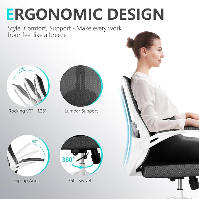 Office Chair,Ergonomic Comfy Home Desk Chair with 350LBS Capacity,High Back Gaming Chair with Wheels,Mesh Computer Chair,Lumbar Support, Adjustable Headrest,Flip-up Armrest (04Black)