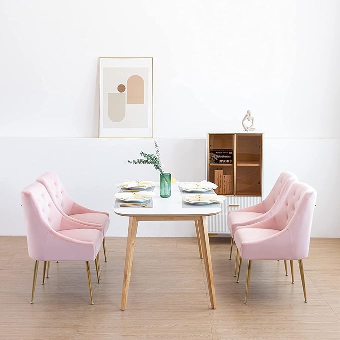 Modern Dining Chairs Set of 6, Mid Century Chairs with 5.12” Cushions and Golden Legs, Velvet Upholstered Dining Chairs with Back Pull Rod, for Kitchen, Living Room, Pink