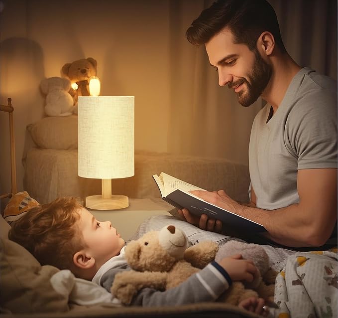 Small Table Lamp for Bedroom - Bedside Lamps for Night Stands, Minimalist Nightstand Light Lamp, Desk Lamps for Living Room, Office, Dorm(Wood Base, 10" Inline Control)