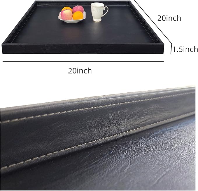 20 * 20 inches Luxury Leather Square Oversized Service Tray, Ottoman & Coffee Tray for Family Dinner, Out-of-House Picnic & Party (Black)