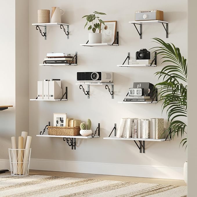 DINZI LVJ Deep Floating Shelves, 16" W x 12" D Wall Shelves Set of 2, Wide Display Shelf Wall Mounted with Brackets, Easy-to-Install Bookshelf for Living Room, Bathroom, Bedroom, White