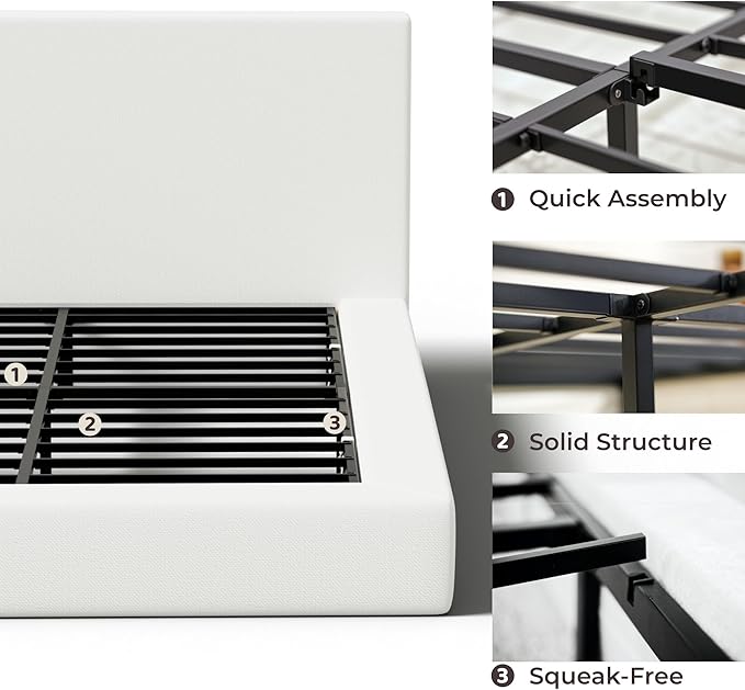RECCI Cloud Upholstered Full Bed Frame with Headboard, 5 Inch Foam Padded Platform, No Box Spring, Easy Assembly (Off-White)