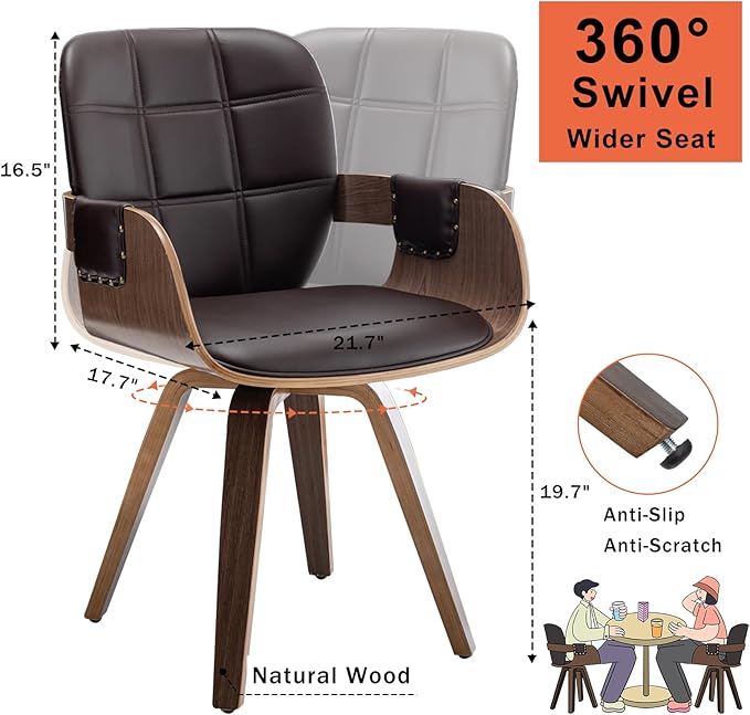 Set of 2 Swivel Walnut Dining Chairs - Mid Century Dining Chairs with Arm and Curved Back, Walnut Craftsmanship, Bentwood Structure, Perfect for Living Room/Reception/Restaurant/Kitchen (Coffee Brown)