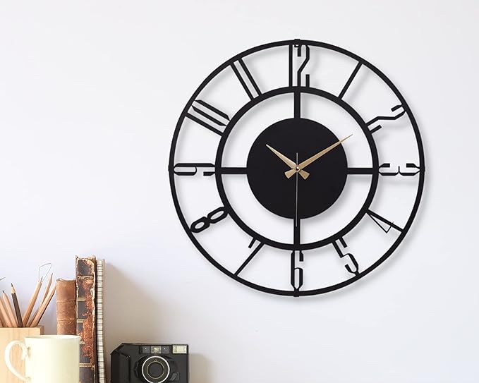 Large Metal Wall Clock | 20 inch Size Silent Battery Operated Large Size Analog Black Wall Clocks | Modern Wall Decor for Living Room Bedroom Kitchen Home Office