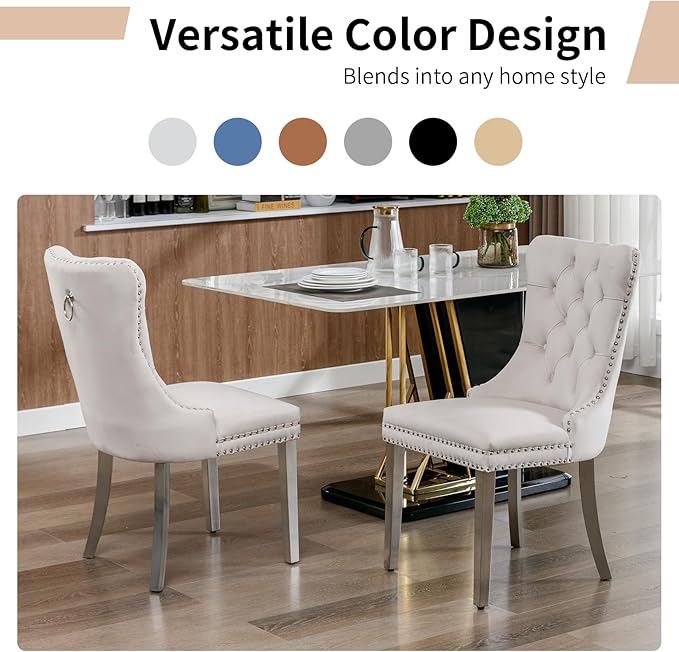 Luxury Upholstered Dining Chairs Set of 2, Grey Kitchen Chair with Silver Metal Legs, Velvet Tufted Back Dining Chair, Sillas de Comedor, Modern Kitchen & Dining Room Chairs (Gray, 2 Pcs)