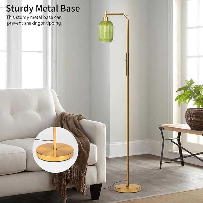 Glass Floor Lamp for Living Room, Dimmer Standing Lamp with Green Ribbed Lampshade,66” Tall Lamp & Gold Floor Lamp for Bedroom Study Room,Brushed Gold (Green)
