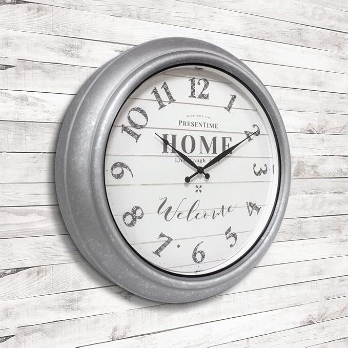 Presentime & Co 18" Vienna Modern Farmhouse Luminous Indoor/Outdoor Clock, Shiplap Style, Galvanized Silver Finish, Night Light with Smart Sensor, Wall Decoration, Outdoor Lights & Decoration.