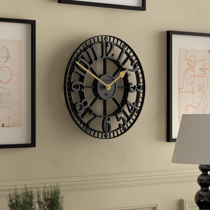 NEWGATE® Warehouse Wall Clock | Skeleton Clock | 16 inch | Black with Brass Hands | Contemporary Vintage Style for Kitchen, Living Room or Office