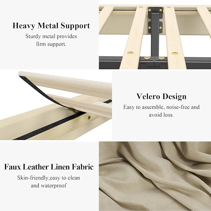 Queen Size Bed Frame with Bluetooth Speaker, LED Lights and Charging Station, Faux Leather Linen Fabric Adjustable Headboard,Modern Upholstered Bed, Wood Slat Support, Easy Assemble, Beige