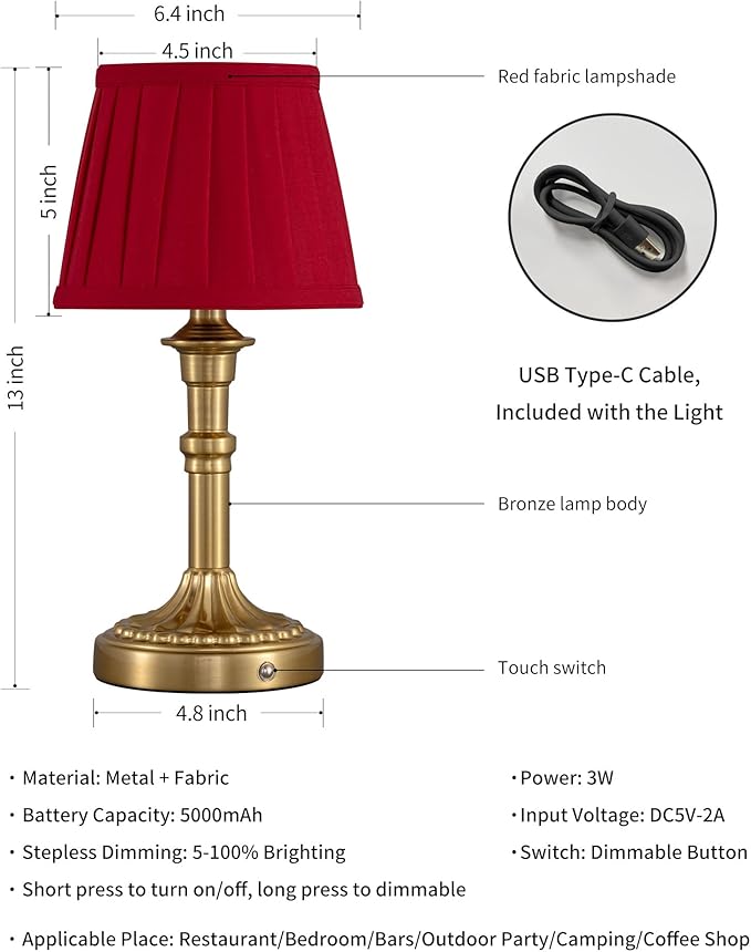 KDG Cordless Portables Table Lamp Set of 2, LED Fabric Shade Small Desk Lamps, 5000mAh Battery Powered Lighting, 2700K Stepless Dimmable Light for Living Room, Dining Room, Bedroom (Bronze+Red)