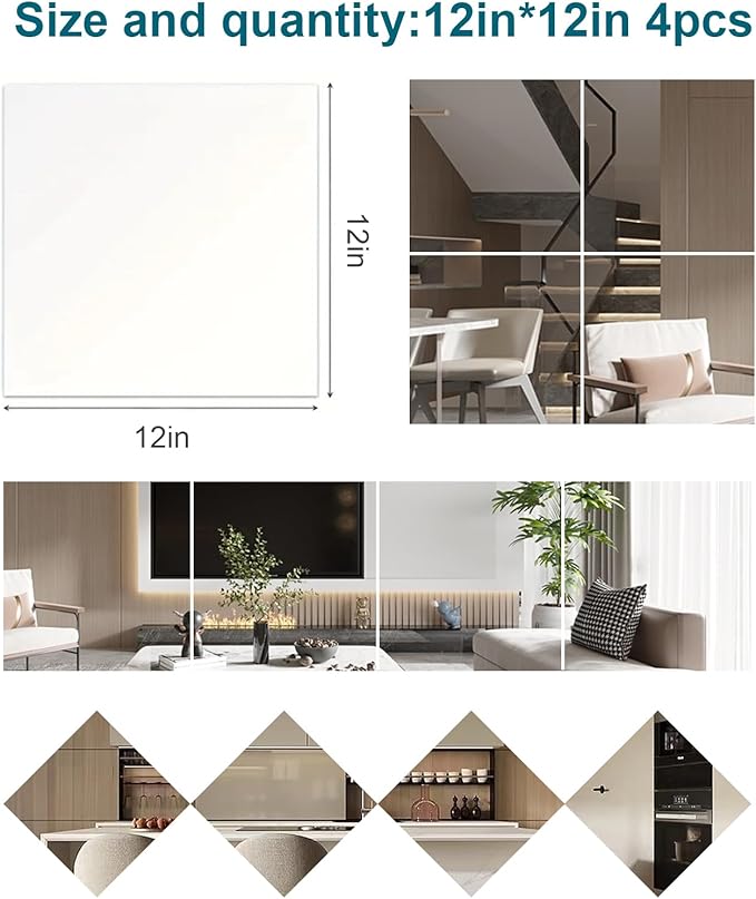 Wall Mirror Tiles 12x12 inch 4 Pack, Self Adhesive Plastic Mirrors for Wall Decor, Easy Install Stick-On Full Body Mirror Squares