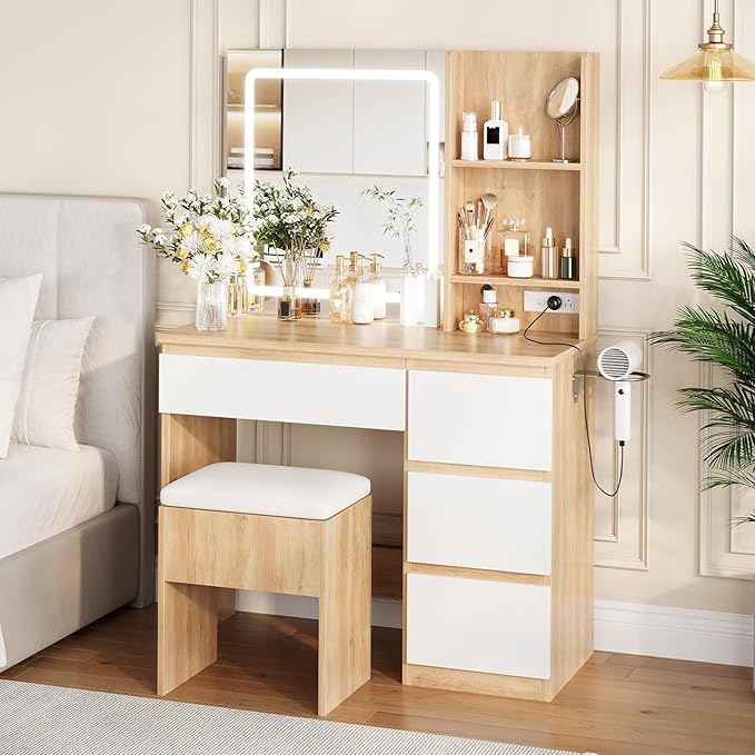 GarveeHome Vanity Desk with Mirror and Lights - Modern Makeup Dressing Table with Outlets, Storage Stool, 4 Drawers & Hair Dryer Holder - 3 Colors LED Vanity Mirror, Vanities for Bedroom, Natural