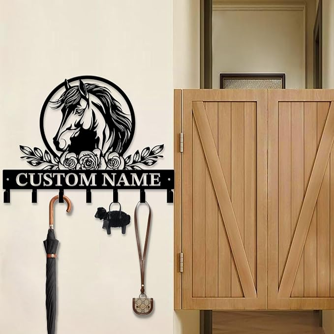 Custom Horse Key Hook - Personalized Forged Iron Wall Keys Holder with Equestrian Design, Black Metal Home Decor for Horse Theme Lovers (Style D)