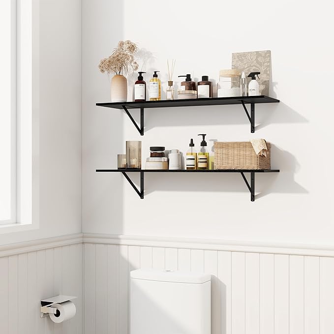 Fun Memories Deep Floating Shelves for Wall, 16W x 8D Wall Mounted Shelves Set of 2, Wide Display Ledge Shelf with Sturdy Metal Brackets for Living Room, Bathroom, Bedroom and Kitchen, Black