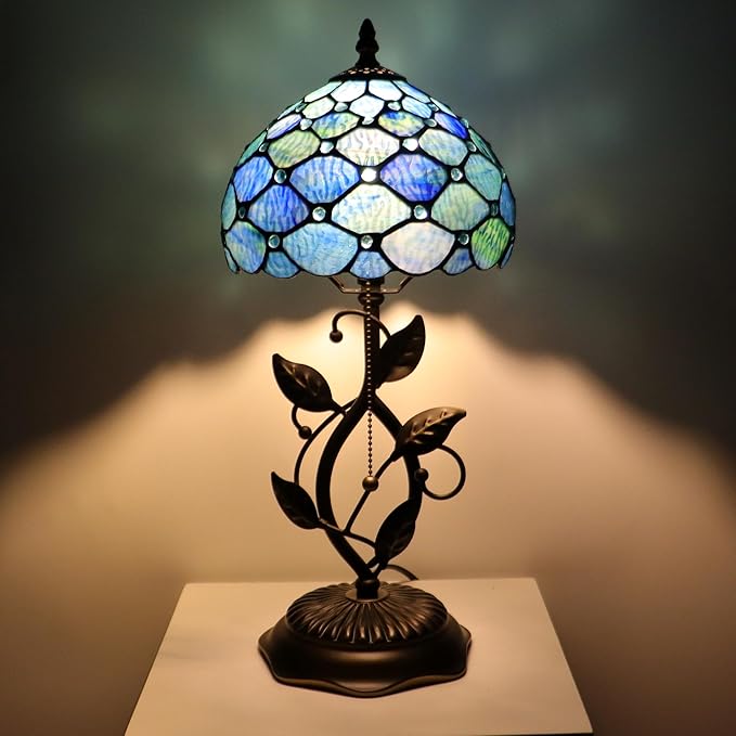 Small Tiffany Lamp Sea Blue Water Ripple Style Stained Glass Table Lamps Desk Bedside Reading Light 8X8X18 Inches with Bronze Metal Leaf Resin Base