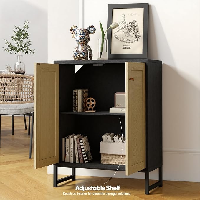 Panana Rattan Decorated 2 Doors Storage Cabinet Accent Cabinet Living Room Cupboard Kitchen Sideboard Buffet Table (Black)