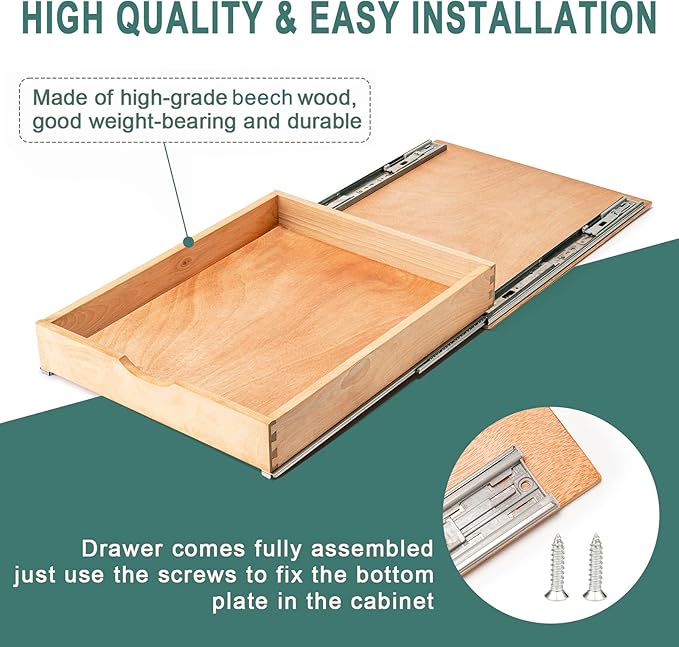 Fully Assembled Pull Out Cabinet Drawer, Wood Pull Out Cabinet Organizer, Soft Close Slide Out Pull Out Drawers for Kitchen Cabinets, Fast and Easy DIY Installation, 18”W x 21”D