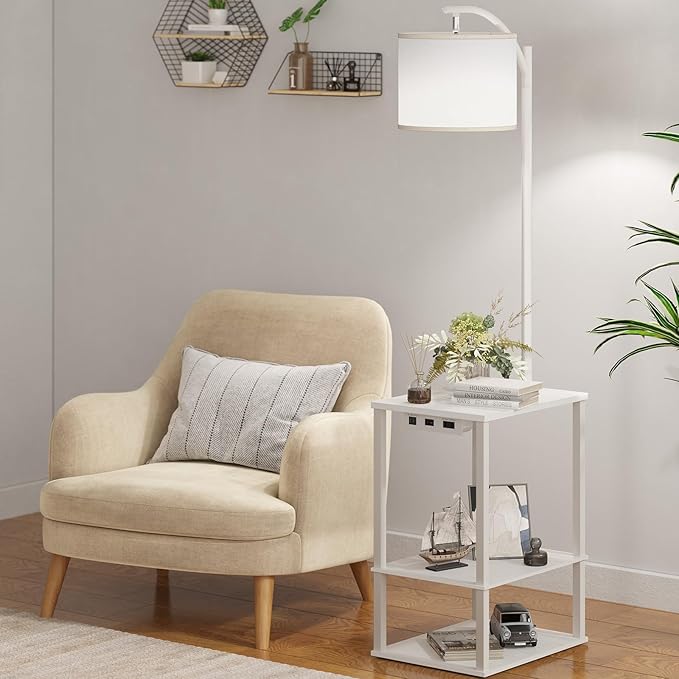 SUNMORY Floor Lamp with Table, End Table for Living Room with Lamp, Shelves Side Table with Charging Station(USB & AC Port), 3 Color Temperature LED Bulb, Modern Nightstand Lamp for Bedroom, Office