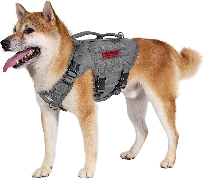 OneTigris Large Tactical Dog Harness, No Pulling Adjustable Dog Vest Harness, Heavy Duty Dog Harness with Handle, Large Hook and Loop Panels for Patch(Grey,S)
